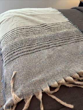 Two-Tone Fringe Wrap Scarf in Cream and Blue